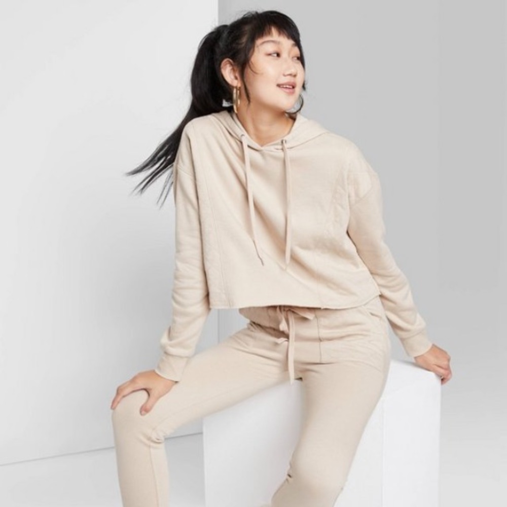 Wild Fable L Beige Quilted Cropped Hoodie Target